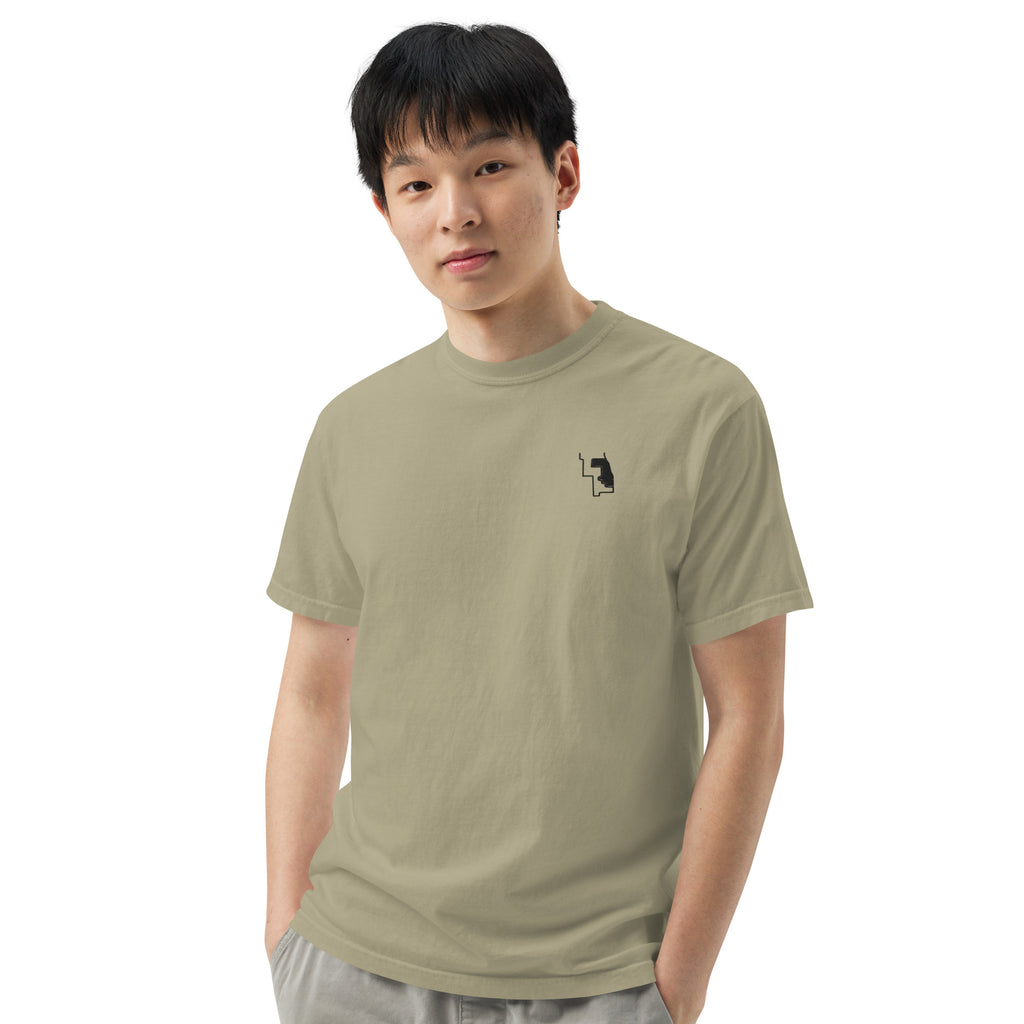 Prairie Path (Khaki) heavyweight tee, on model, front, relaxed pose