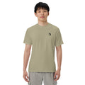 Prairie Path (Khaki) heavyweight tee, on model, front: small mark at the left chest