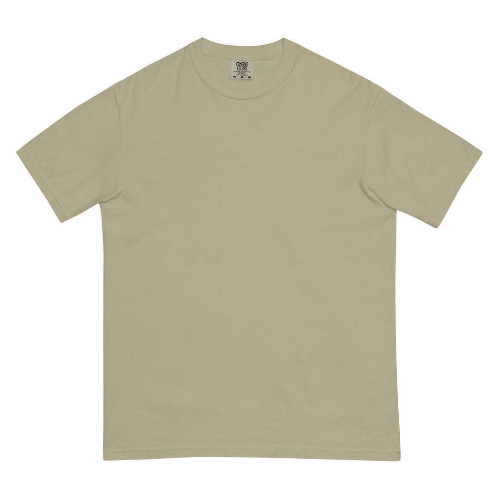 Prairie Path (Khaki) tee, flat lay, front: plain, tag