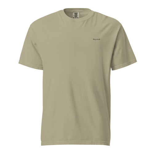 Front view: Khaki heavyweight tee with a small printed Mayvick wordmark on the left chest