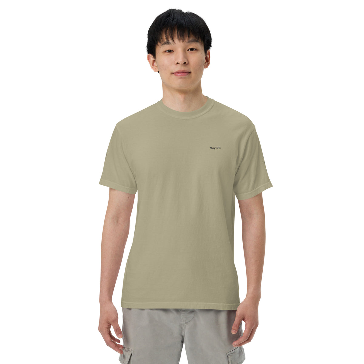 125 Steps Tee, front on a model, Prairie Path (Khaki): the small printed Mayvick wordmark at the left chest.