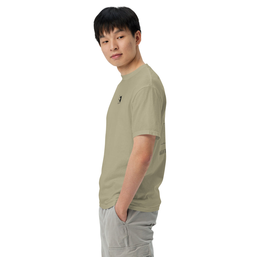 Prairie Path (Khaki) heavyweight tee, on model, three-quarter view