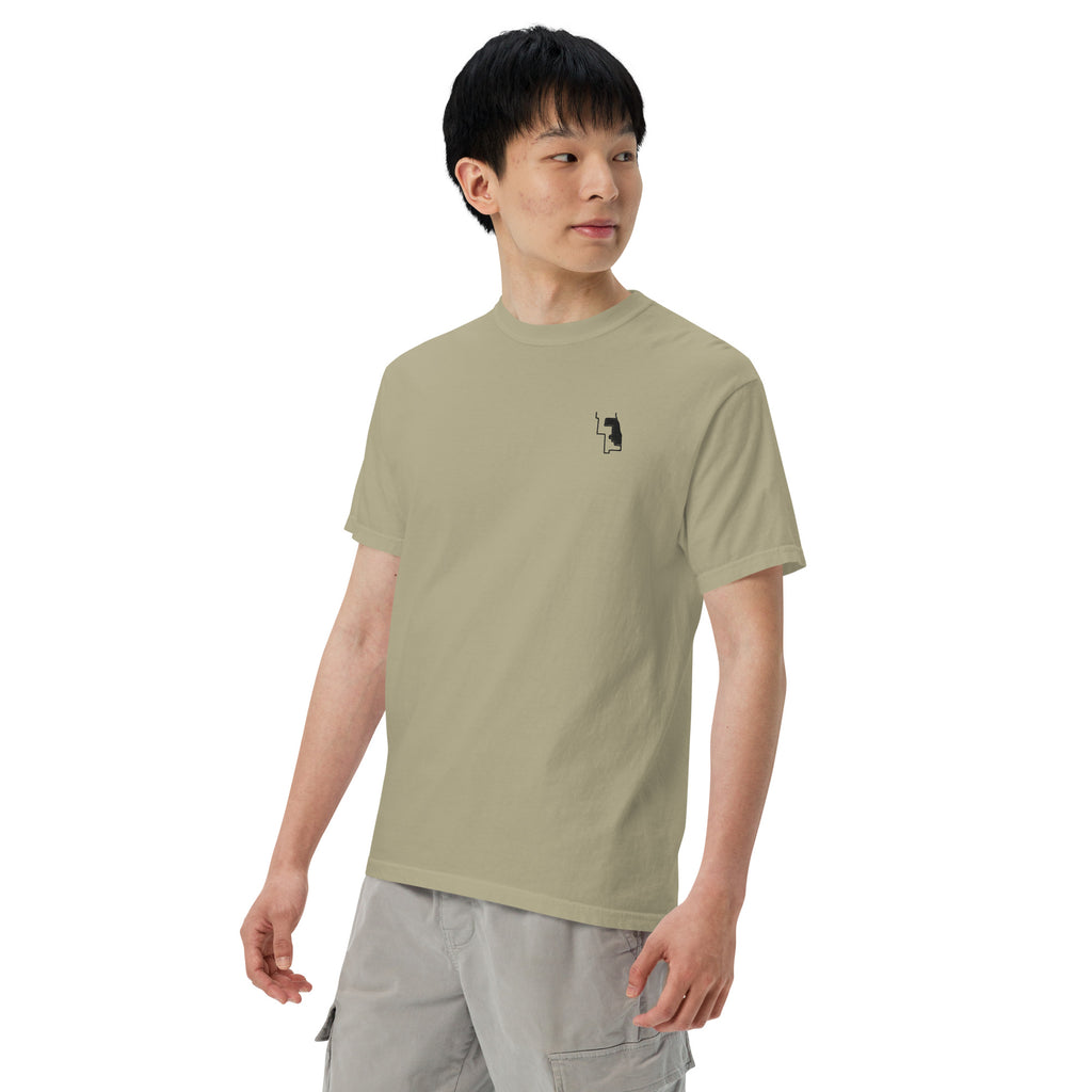 Prairie Path (Khaki) heavyweight tee, on model, front, turned slightly