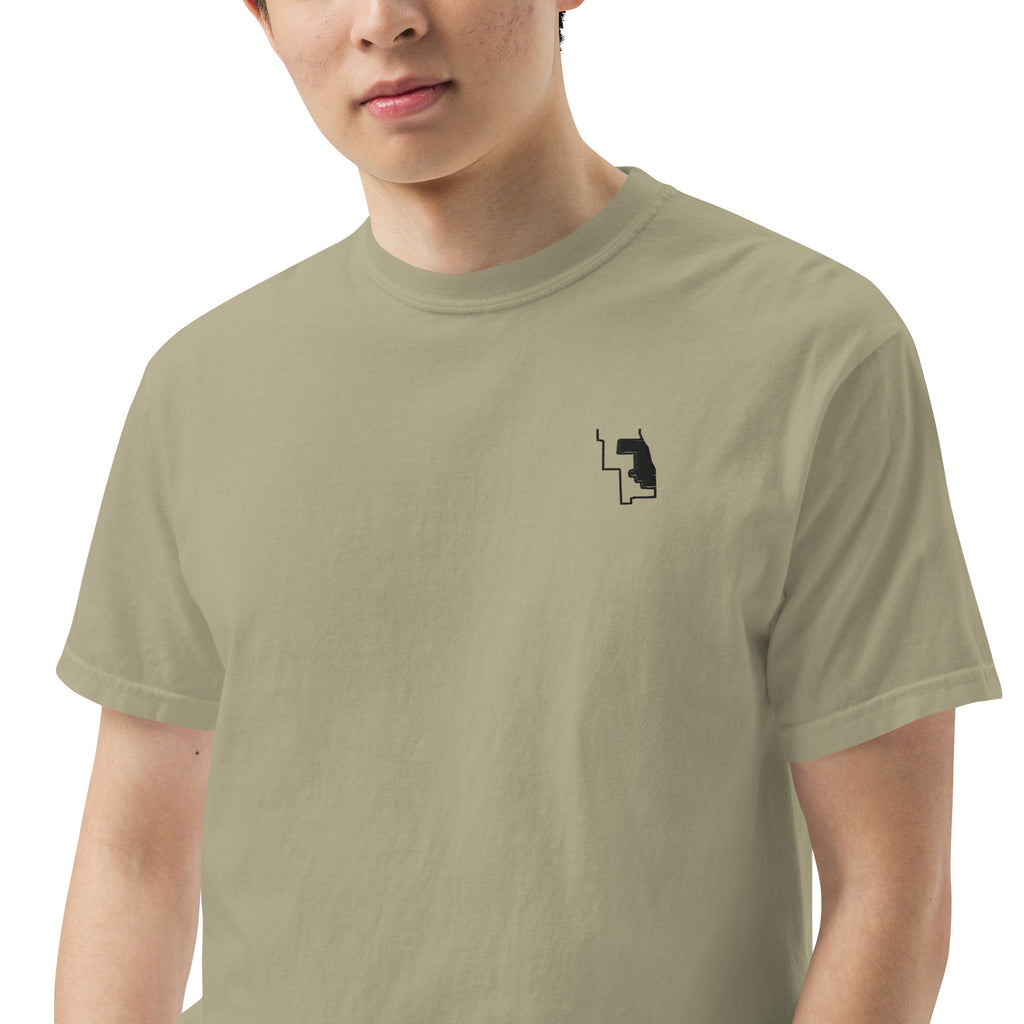 Prairie Path (Khaki) heavyweight tee, on model, close-up: chest mark and collar