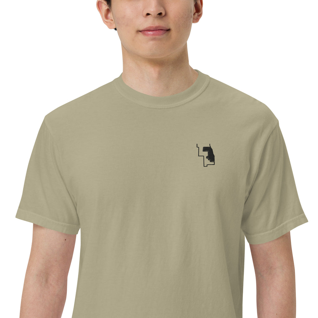 Prairie Path (Khaki) heavyweight tee, on model, close-up: small mark at the chest