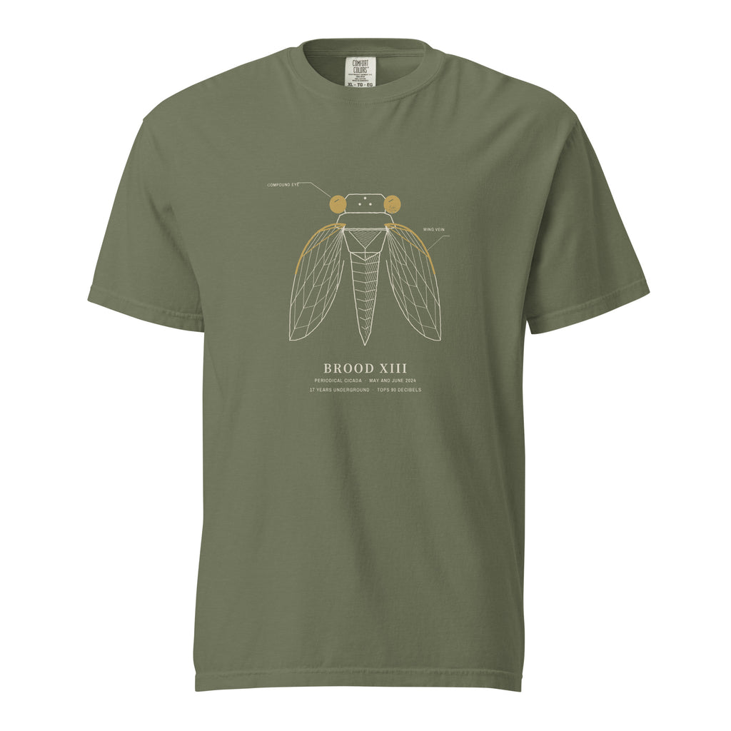 Front: Busse Woods moss green tee with a cicada drawn in Lemont Stone line, eyes in Field Corn