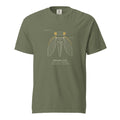 Front: Busse Woods moss green tee with a cicada drawn in Lemont Stone line, eyes in Field Corn