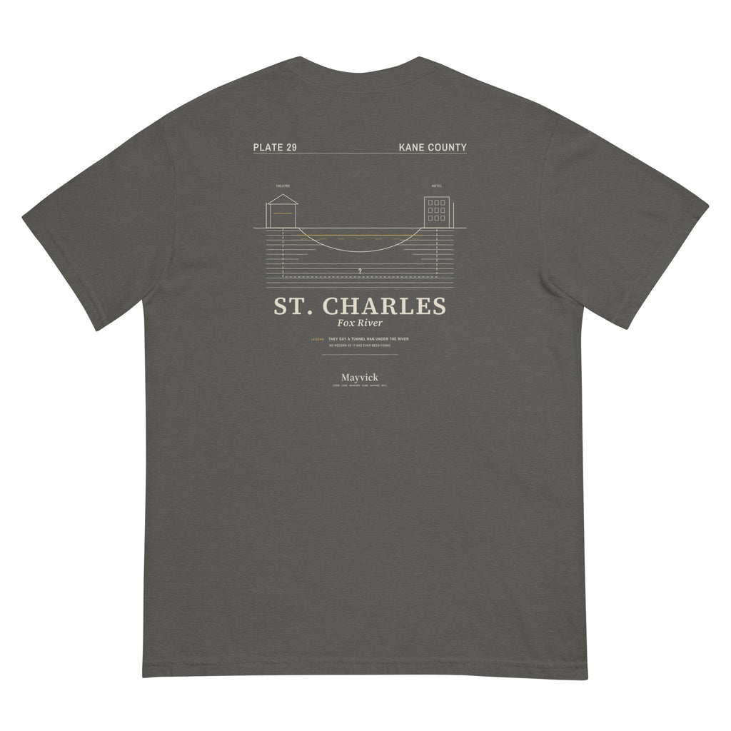 South Works (Pepper) tee, flat lay, back: river cross-section drawing, ST. CHARLES caption