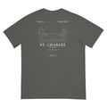 South Works (Pepper) tee, flat lay, back: river cross-section drawing, ST. CHARLES caption