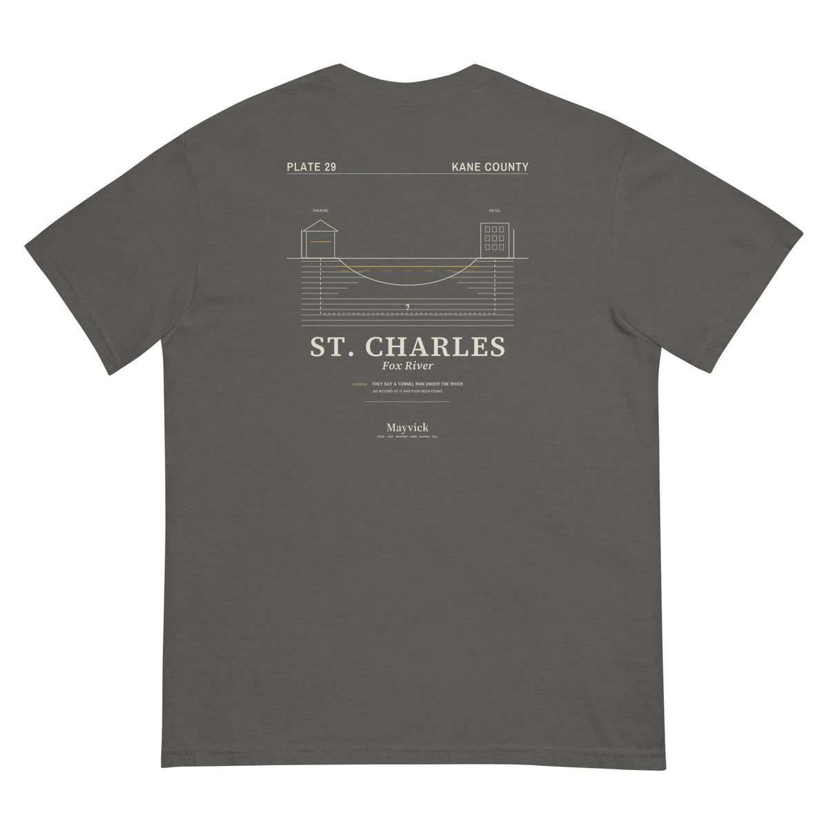 South Works (Pepper) tee, flat lay, back: river cross-section drawing, ST. CHARLES caption