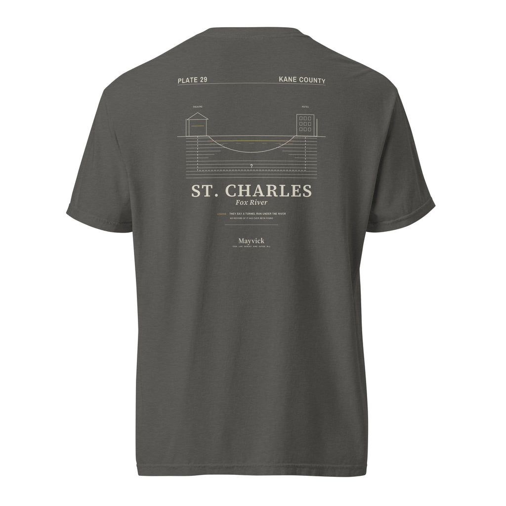 South Works (Pepper) tee, hanging, back: river cross-section drawing