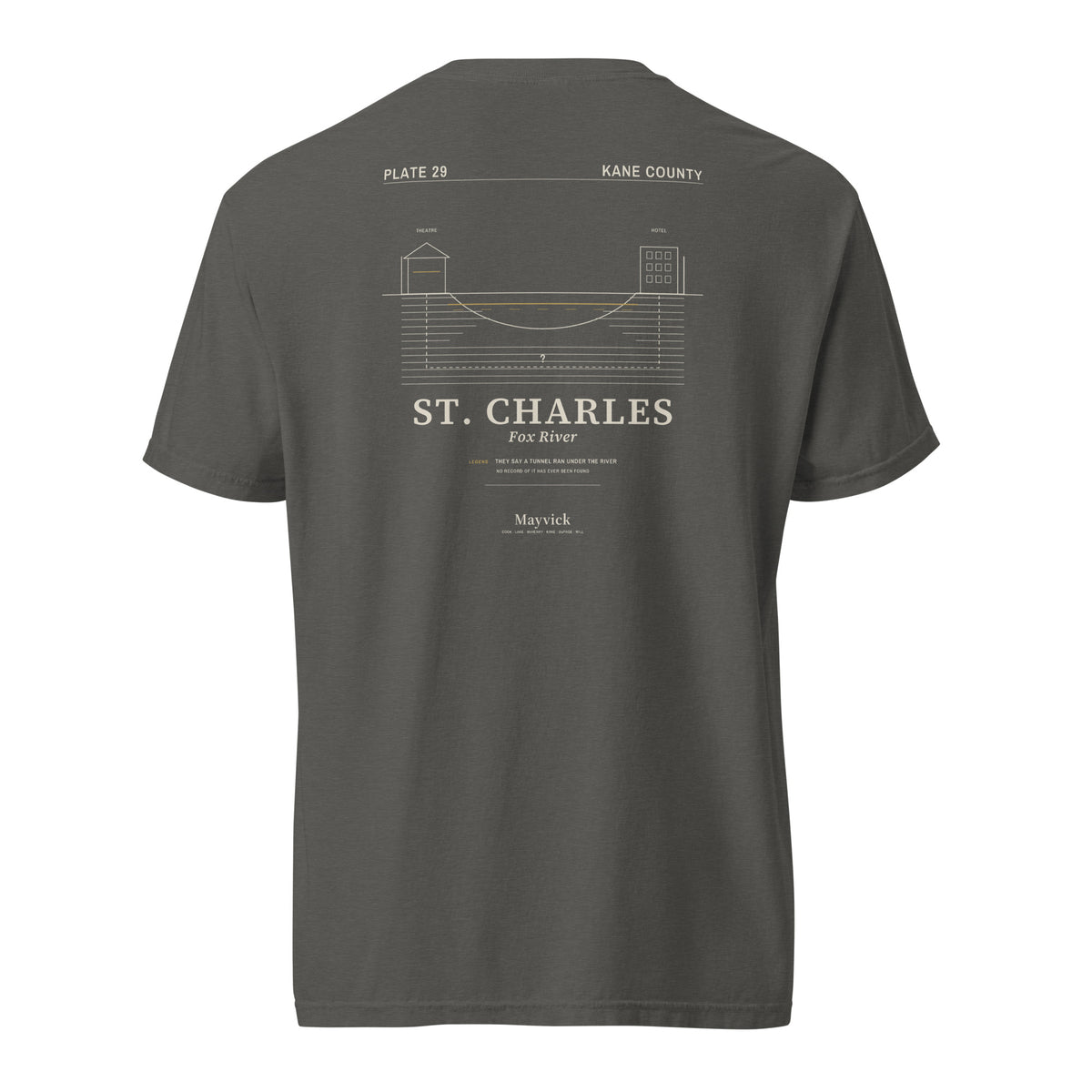 South Works (Pepper) tee, hanging, back: river cross-section drawing