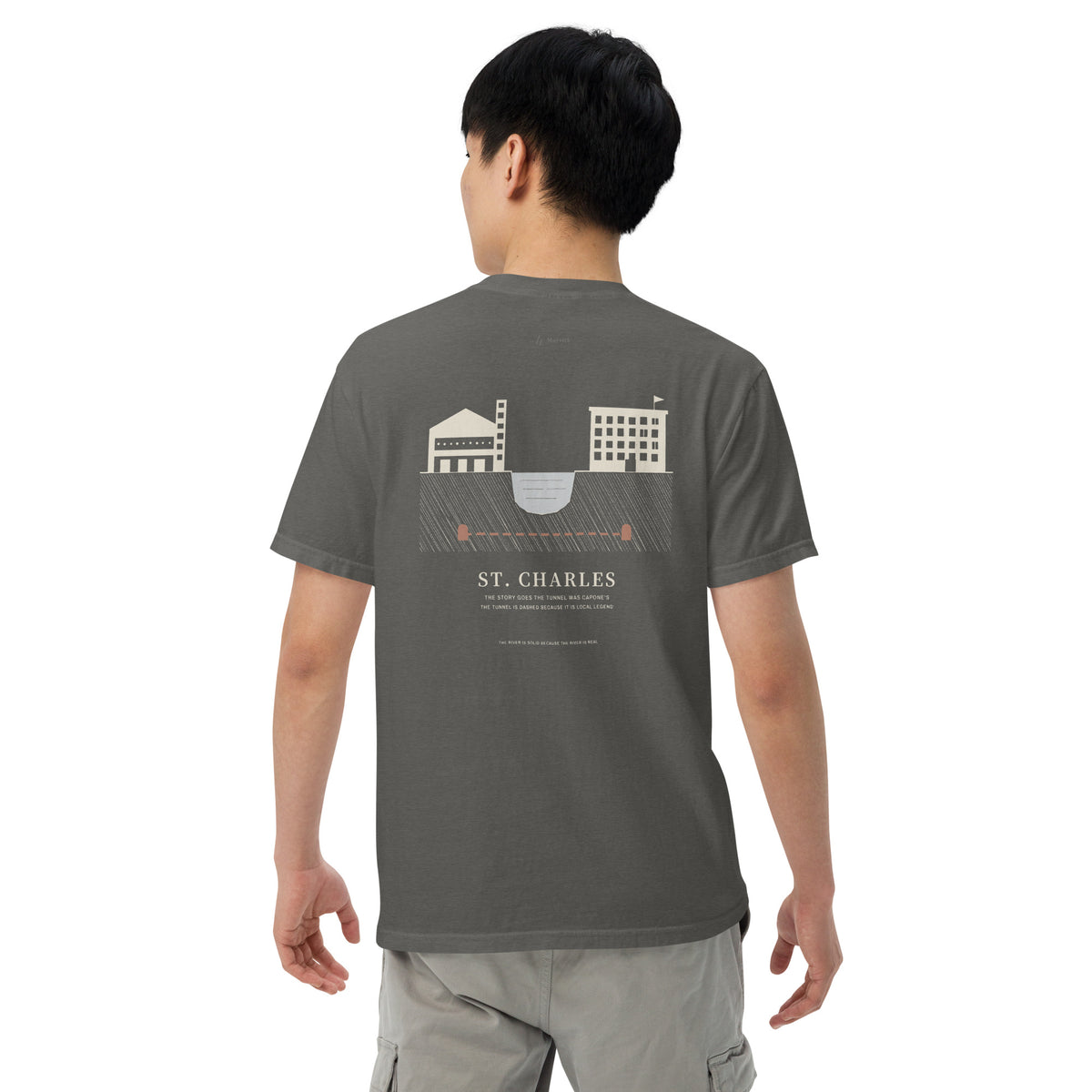 St. Charles Tee, back on a model, Pepper: river, theater, hotel and a dashed tunnel above ST. CHARLES.