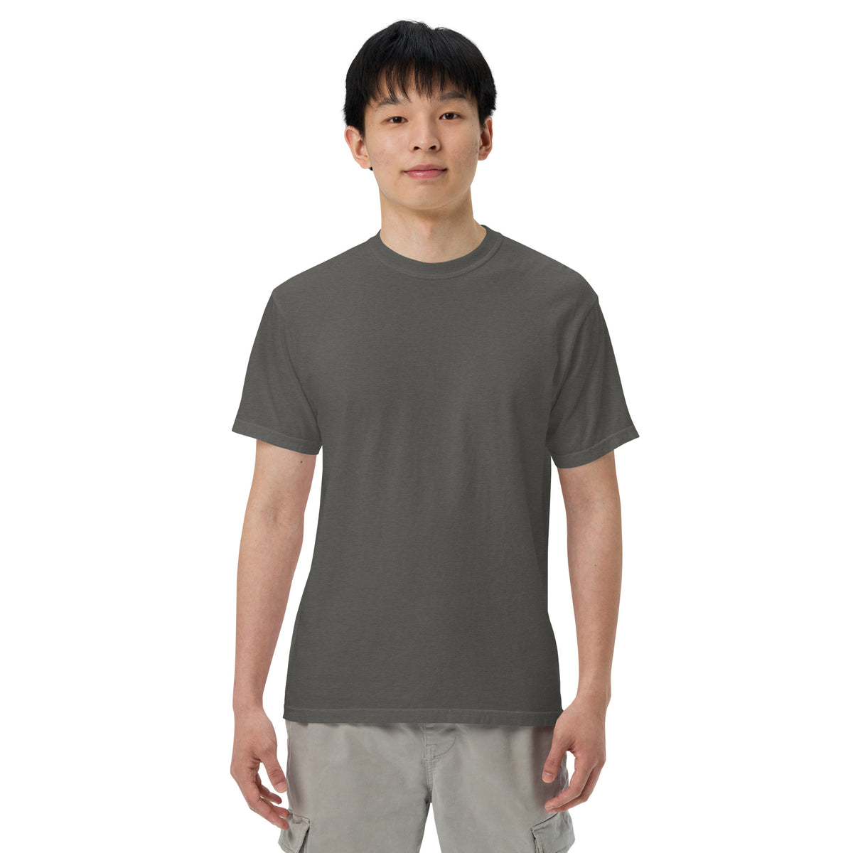 St. Charles Tee, front on a model, Pepper: plain front.