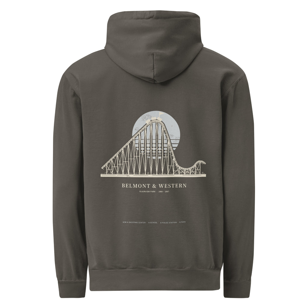 Back: Pepper hoodie with a Lemont Stone line roller coaster over a pale sun, Belmont & Western caption