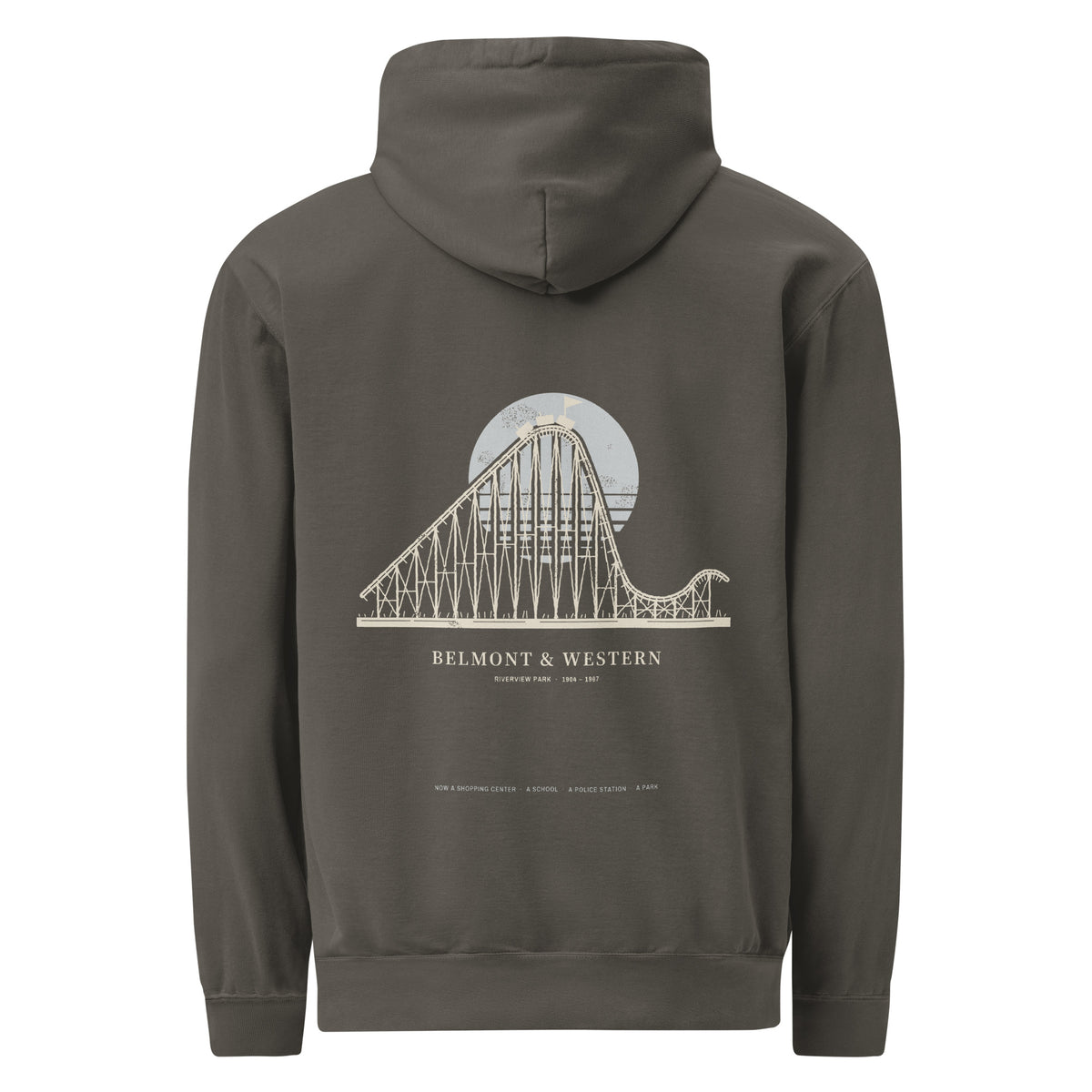 Back view: Pepper hoodie with a large cream-line wooden roller coaster over a pale grey-blue sun, captioned Belmont & Western, Riverview Park 1904 – 1967, with a tiny line along the hem