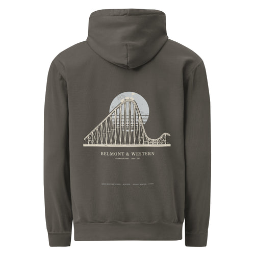 Back view: Pepper hoodie with a large cream-line wooden roller coaster over a pale grey-blue sun, captioned Belmont & Western, Riverview Park 1904 – 1967, with a tiny line along the hem