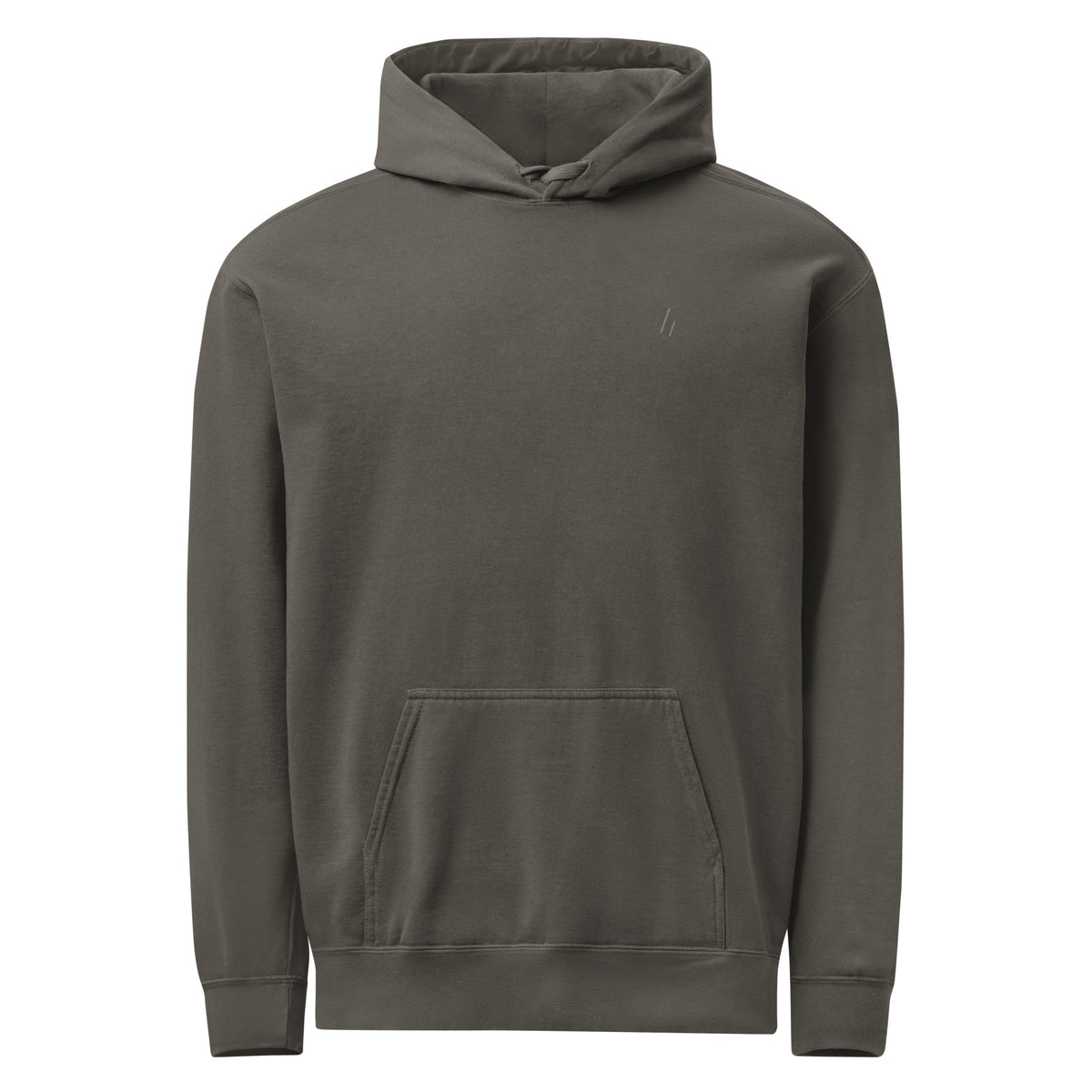Front view: plain Pepper hoodie with a small tonal Mayvick two-bar mark printed at the left chest