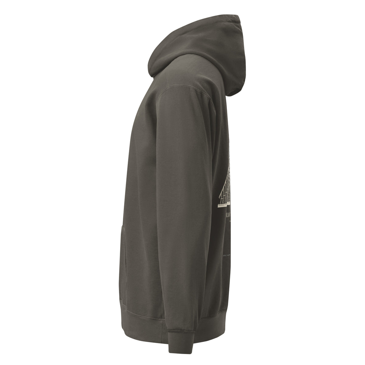 Left side view: Pepper hoodie with the edge of the back roller coaster print visible behind the sleeve