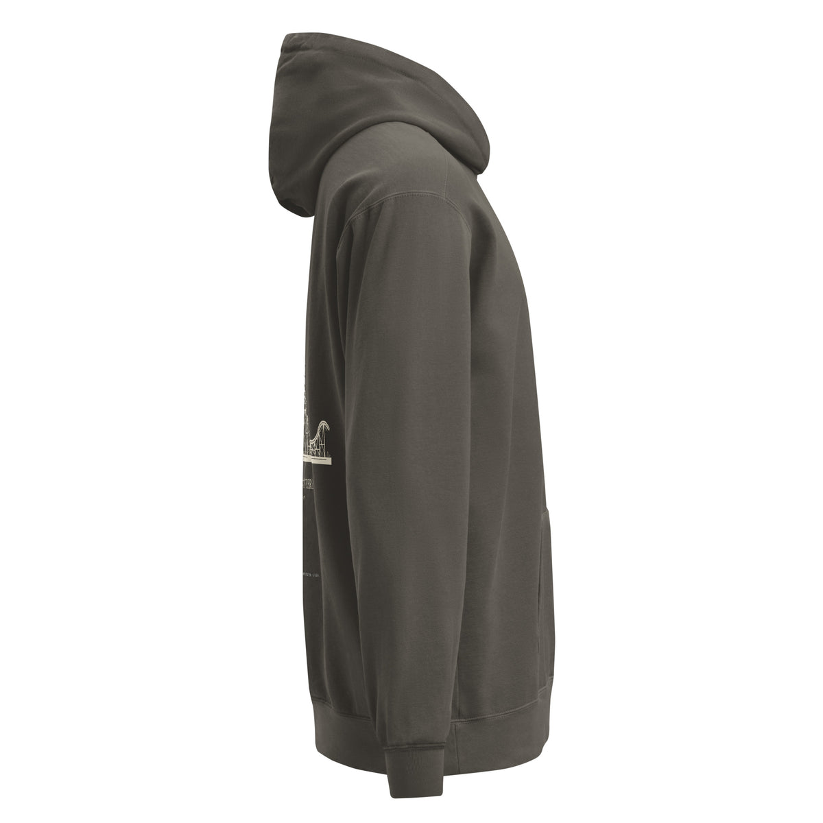 Right side view: Pepper hoodie with the edge of the back roller coaster print and caption visible behind the sleeve