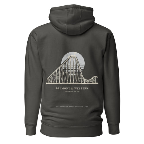 Belmont & Western hoodie, Vintage Black, back: cream-line roller coaster over a pale sun, Riverview Park
