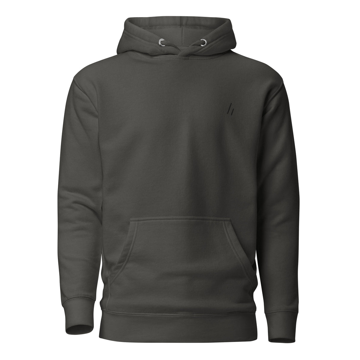 Belmont & Western hoodie, Vintage Black, front: small stitched black two-bar mark at the left chest
