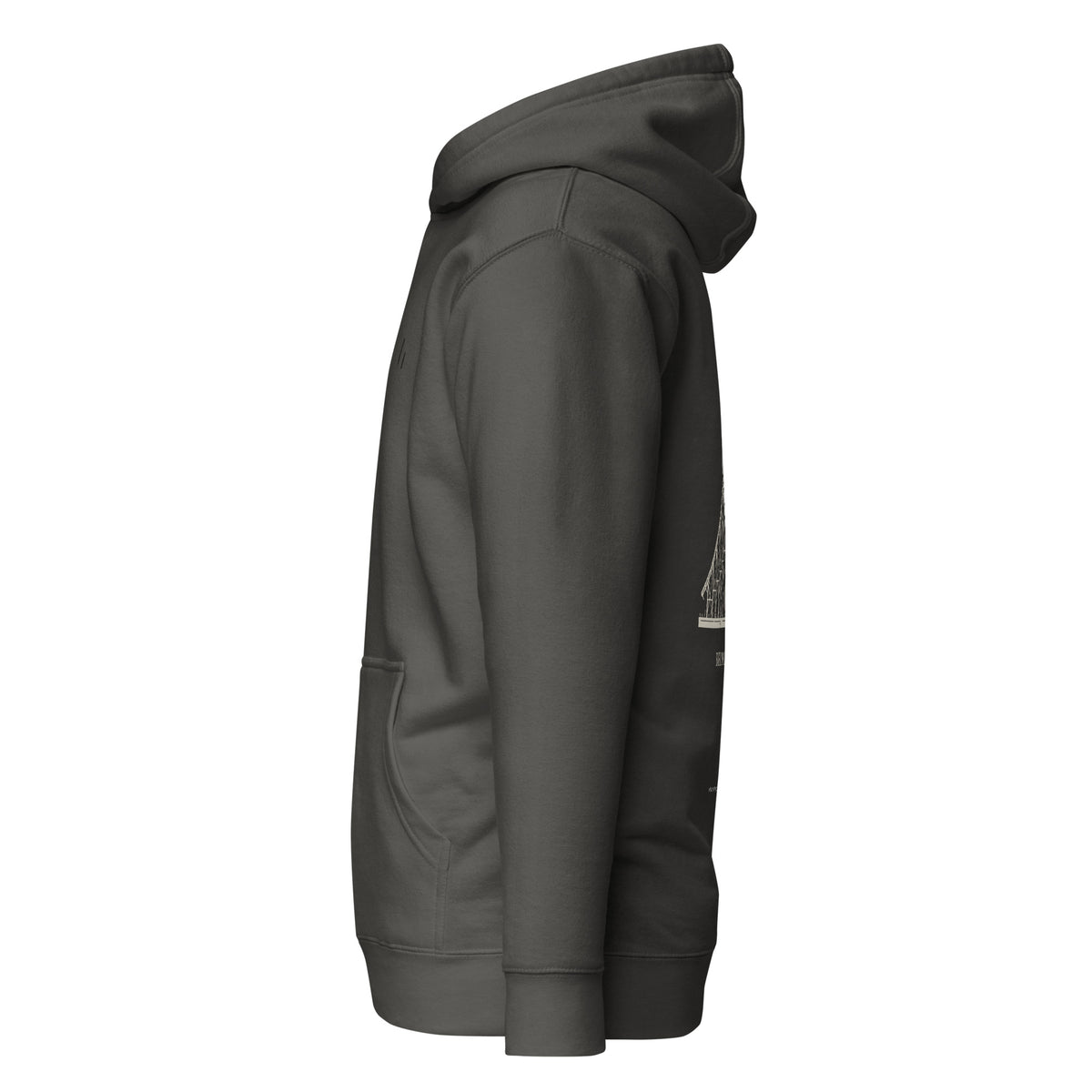 Belmont & Western hoodie, Vintage Black, left side: edge of the back roller coaster print
