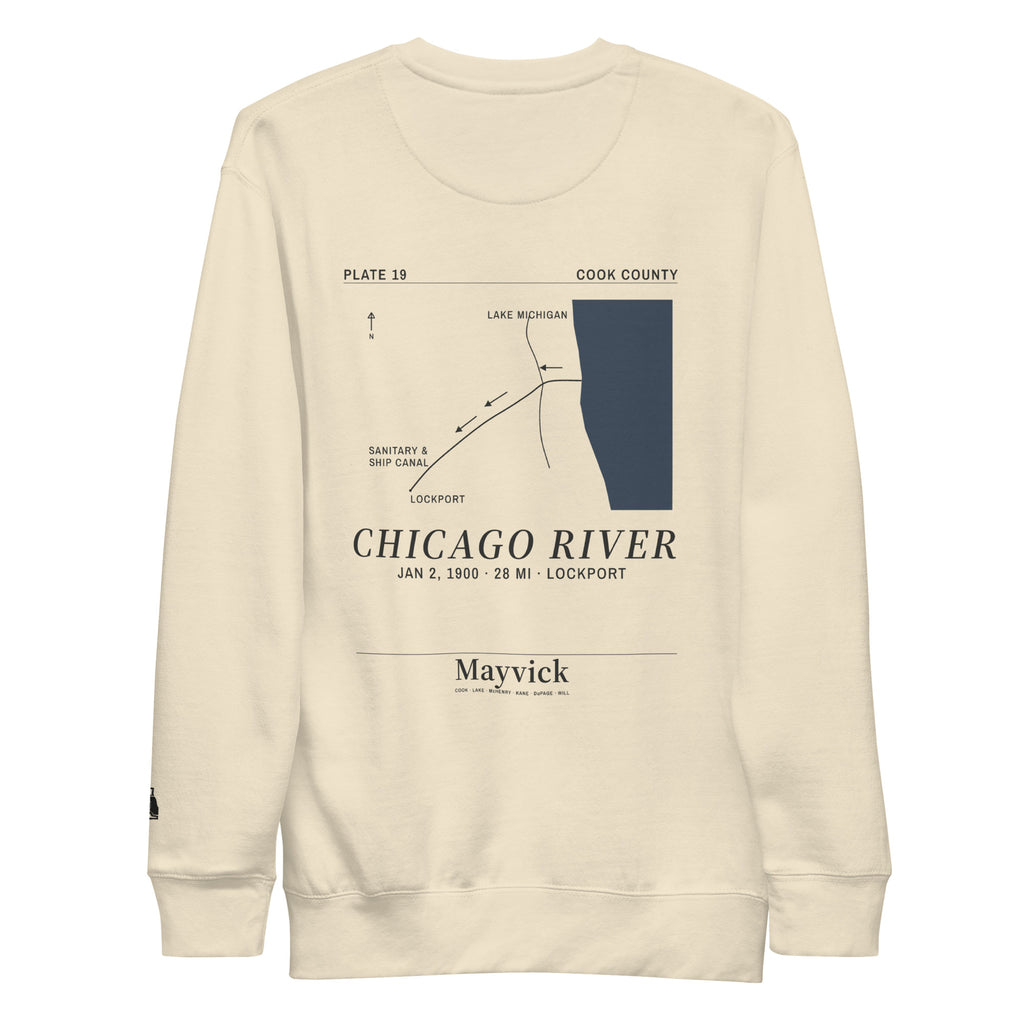 Cream fleece crewneck, back: river plan map, CHICAGO RIVER caption
