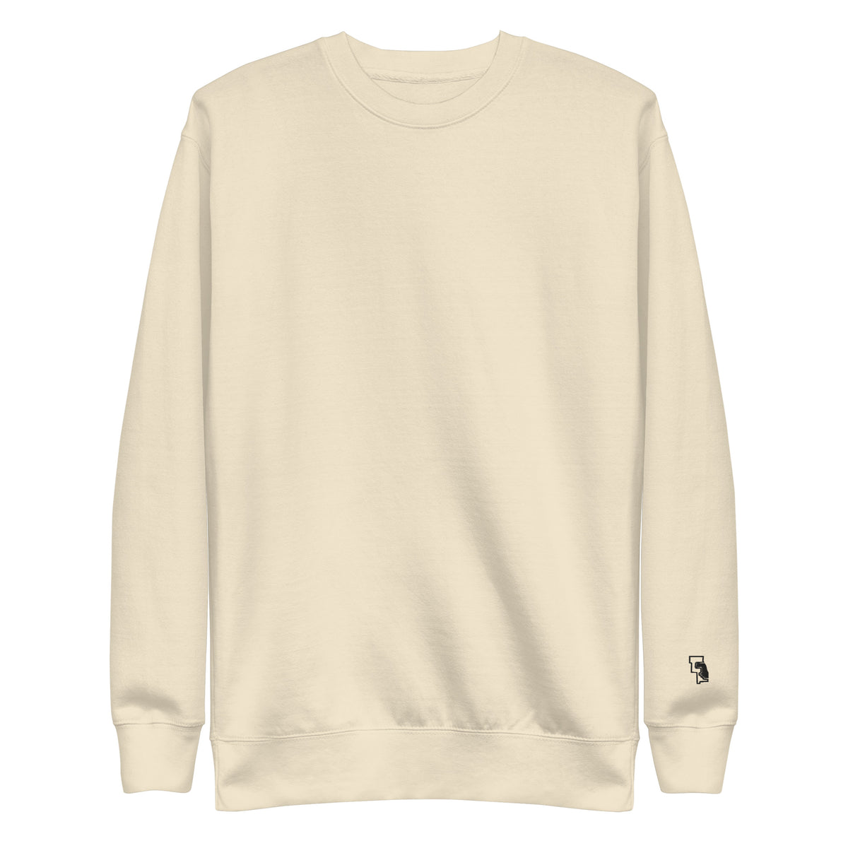Cream fleece crewneck, front: plain, small mark at the wrist