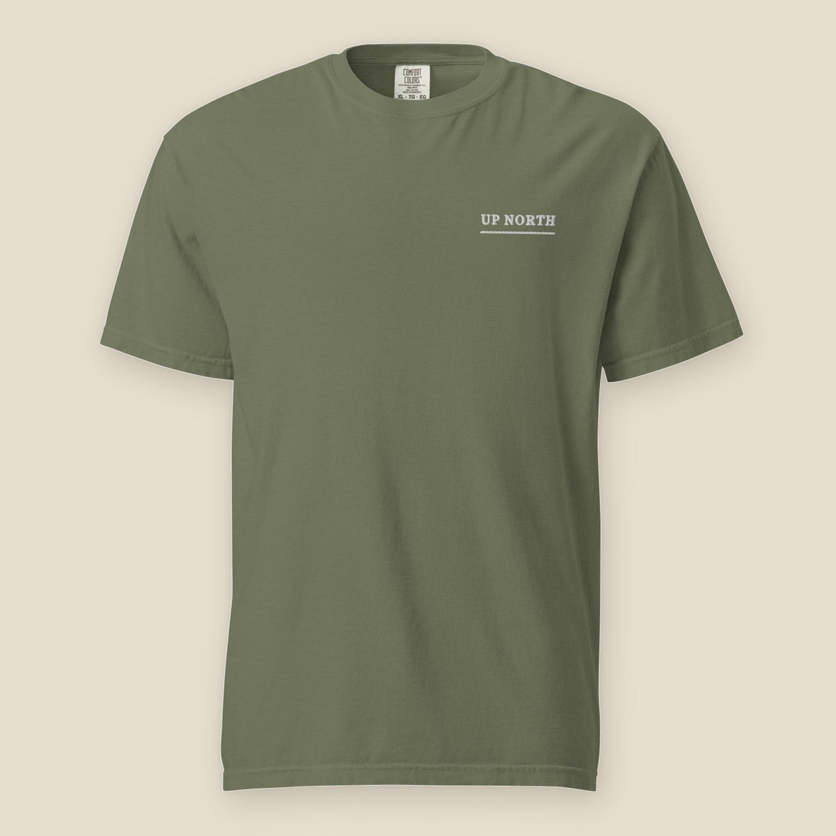 Up North Tee, front, Moss: UP NORTH over a short rule, embroidered in white at the left chest