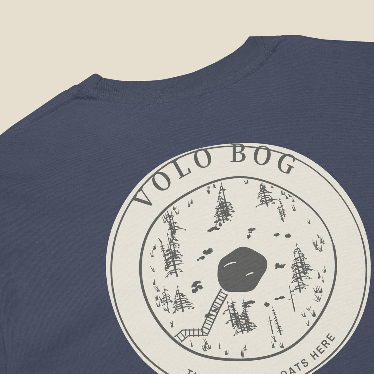 Volo Bog Long Sleeve, back close-up: tamaracks, black spruce and the boardwalk to the bog's open water